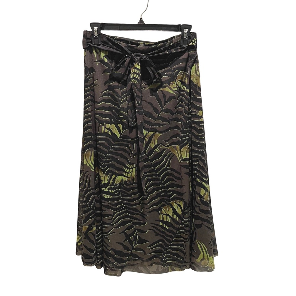 Max Mara Midi Skirt Womens 42 Green Black Silk Blend Abstract Tie‎ Waist Italy